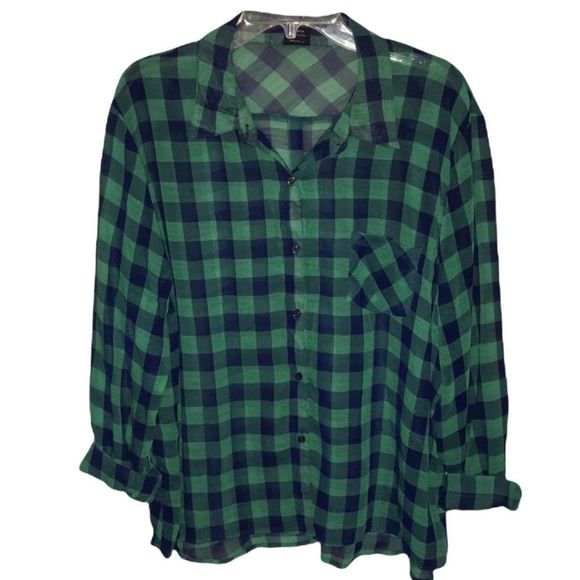 Faded Glory Women’s XL Sheer Checkered Button Down Blouse